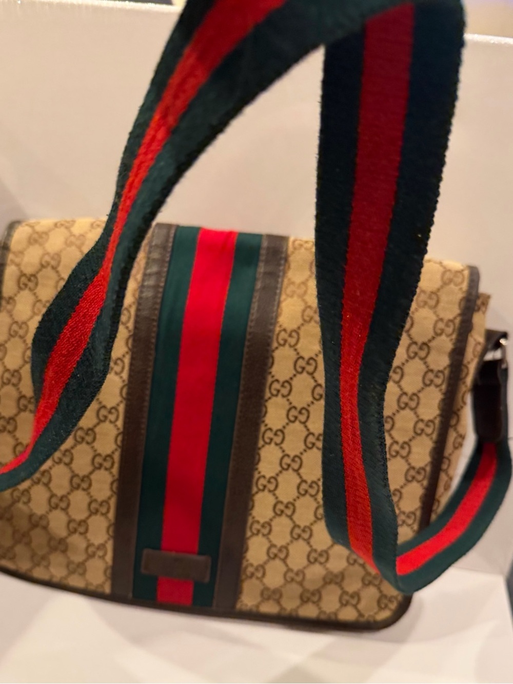 Gucci like Beige GG Canvas Messenger Bag with Red & Green Stripe - Picture 10 of 12